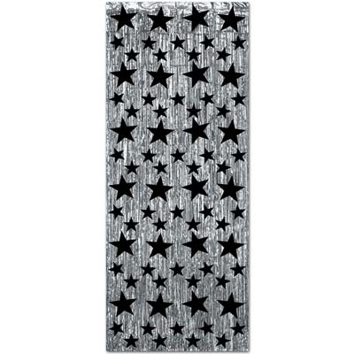 Silver metallic material curtain with various sized black stars attached. 