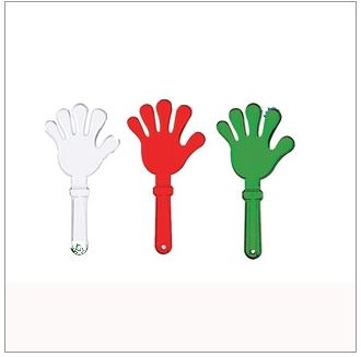 Various color options of plastic hand clappers. 