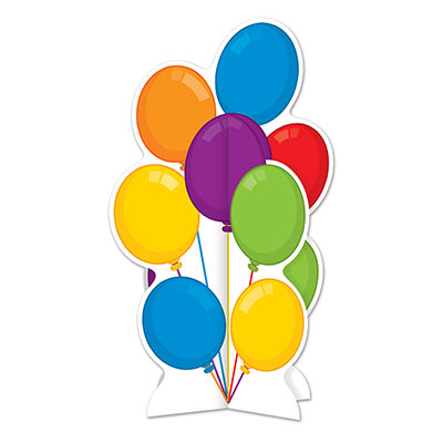 Card stock centerpiece printed with multi-colored balloons.
