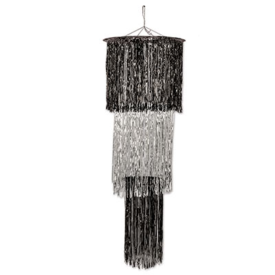 The 3-Tier Shimmering Chandelier is made of metallic black and silver material.