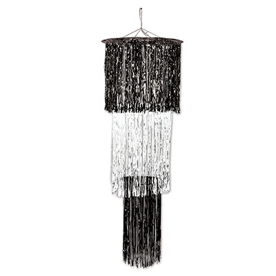 The 3-Tier Shimmering Chandelier is made of metallic black and whitematerial.