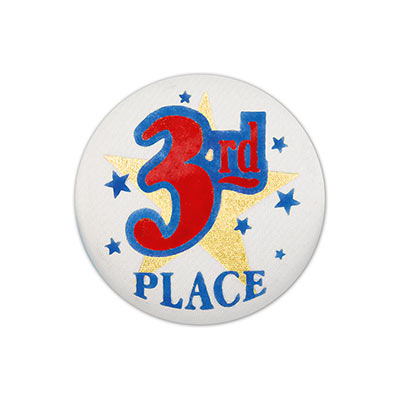 3rd Place Satin White Button with red lettering outlined in blue and stars 