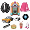Cutouts to replicate items from the 50s such as a jukebox, redcord, poodle skirt and more.