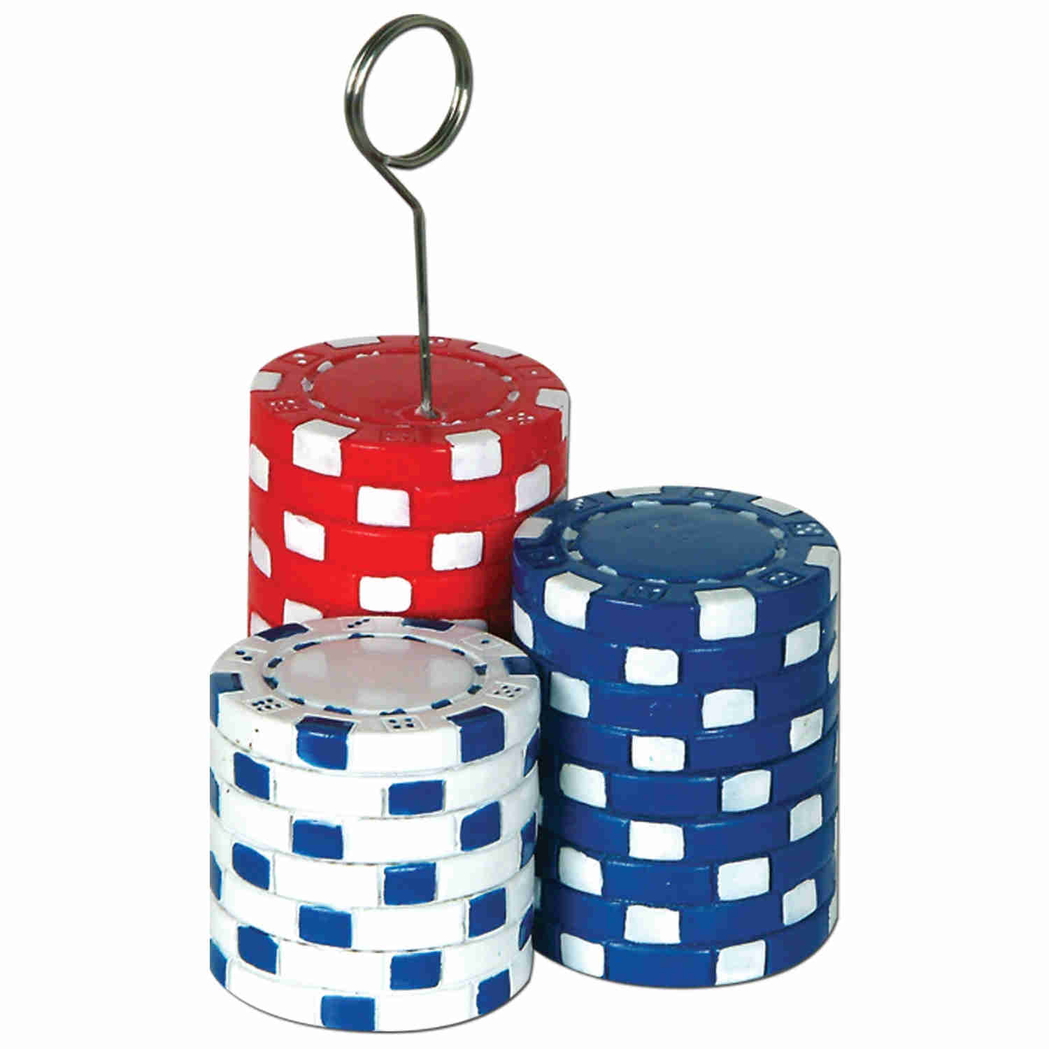 balloon weight in the shape of stacked red white and blue poker chips