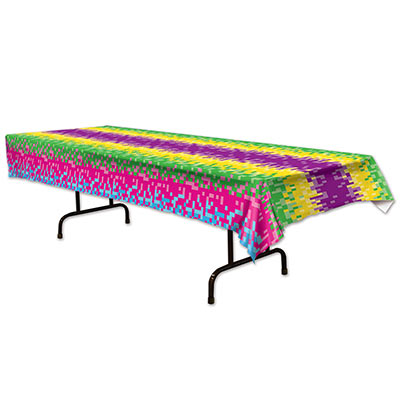 Table cover printed with an 8-bit look with bright colors of blue, pink, green yellow and purple.