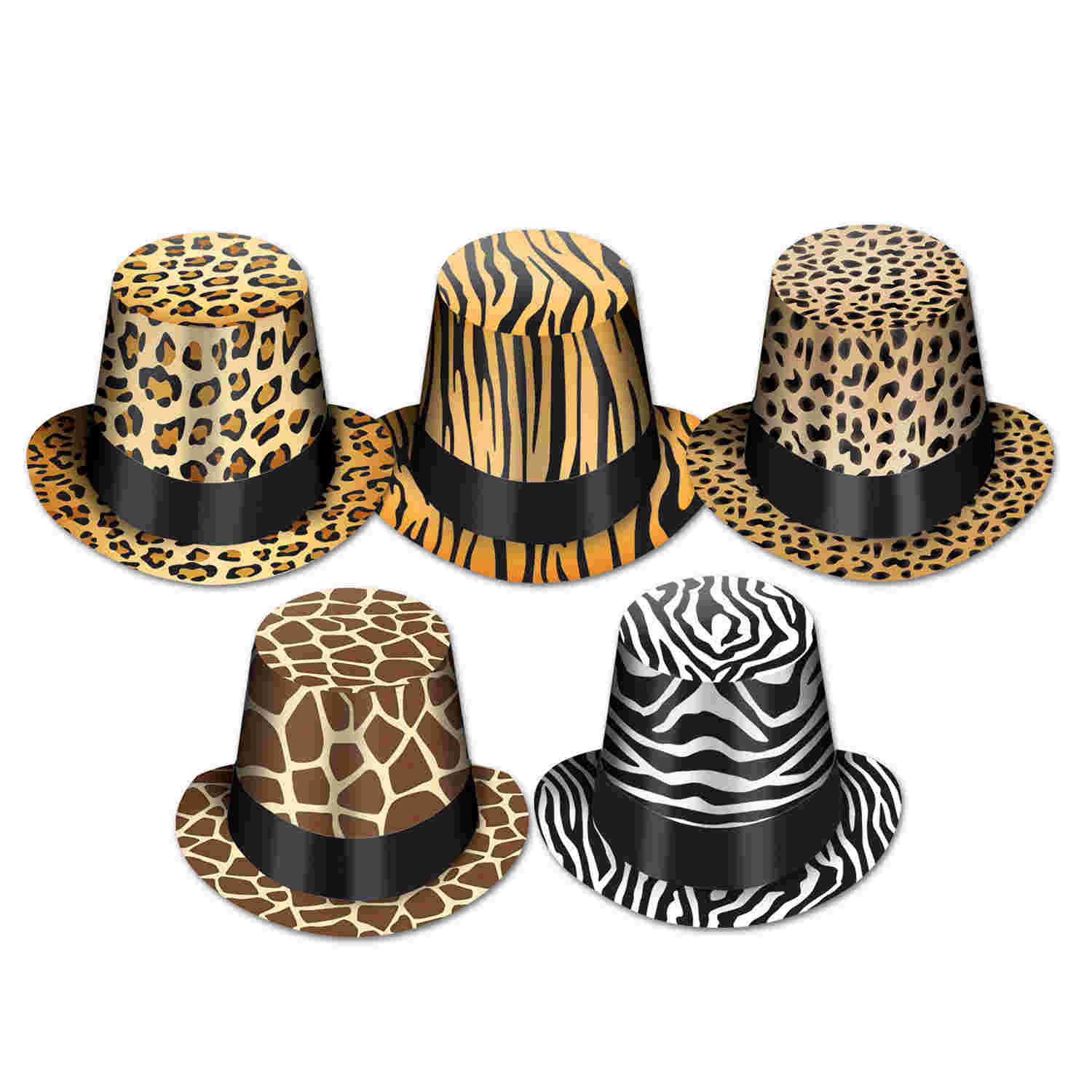 party hats with jungle printed designs on the such as zebra print and leopard print
