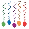 Assorted color metallic whirls with card stock balloon icons attached.