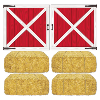 Red Barn Loft Door & Hay Bale Props printed on thin plastic material.