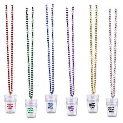 Assorted colored beads with "Happy New Year" shot glasses. 