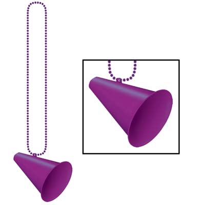 Purple plastic small round bead necklace with purple megaphone medallion attached.