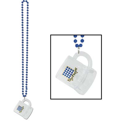 Small plastic round bead necklace with mug attached displaying an Oktoberfest design.