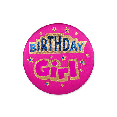 Birthday Girl Satin Pink Button with blue and pink lettering outlined in gold and star designs 