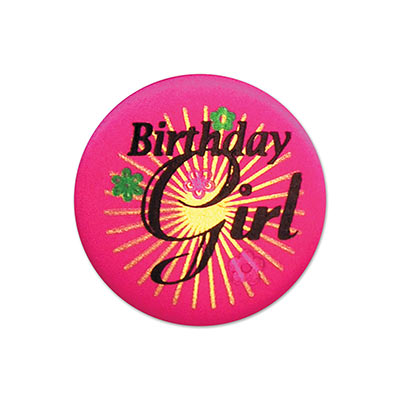 Birthday Girl Satin Pink Button with black lettering and gold burst with flower designs