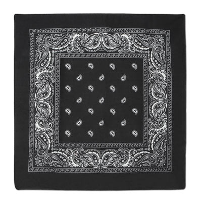 Traditional black bandana with white print.