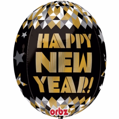 Black & Gold Happy New Year Orb Balloon