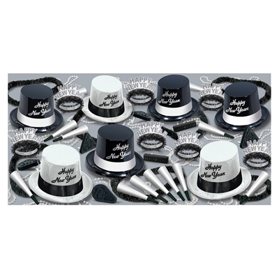 black and white new year's eve party pack with plastic top hats, fringed tiaras, and noisemakers