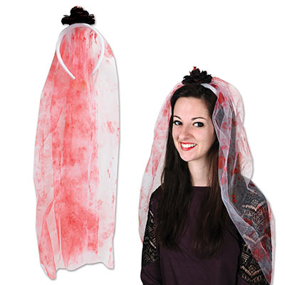 Bloody Veil Headband (Pack of 12) Dead Bride Costume, Halloween Costume Accessories, Wholesale party supplies, Inexpensive party decorations, Bloody Veil, Blood stained white veil