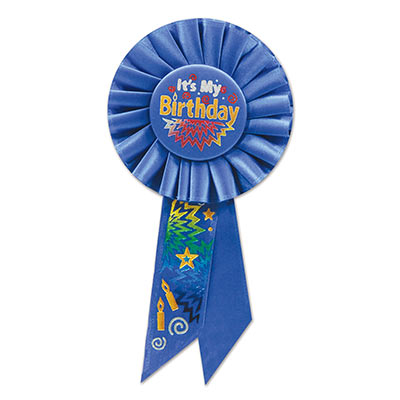 Its My Birthday Blue Rosette with gold and silver lettering and multi colors of designs 
