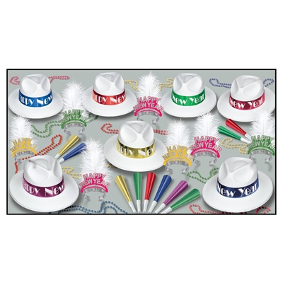 Party kit for new year's eve that has white fedora party hats with tiaras, horns, and beads all in bright colors