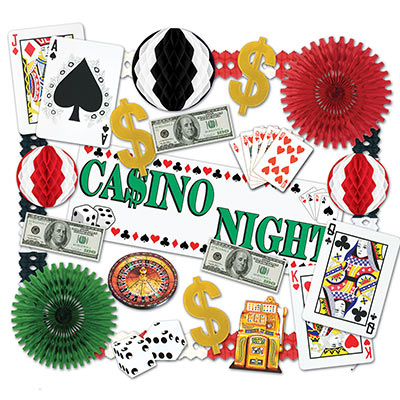 large decorating kit for casino themed party that comes with casino banners, dollar signs, and playing card decorations