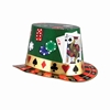 party hat with playing cards, poker chips, and dice printed on it in the theme of a casino party