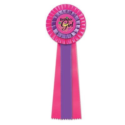 Cerise/Purple Birthday Girl Deluxe Rosette with fancy black lettering and flower designs 