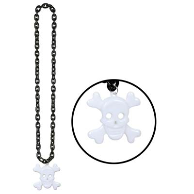 Chain Beads w/Skull & Crossbones Medal (Pack of 12) halloween beads, skull beads, sckull and bones, chain beads with skull, pirate beads 