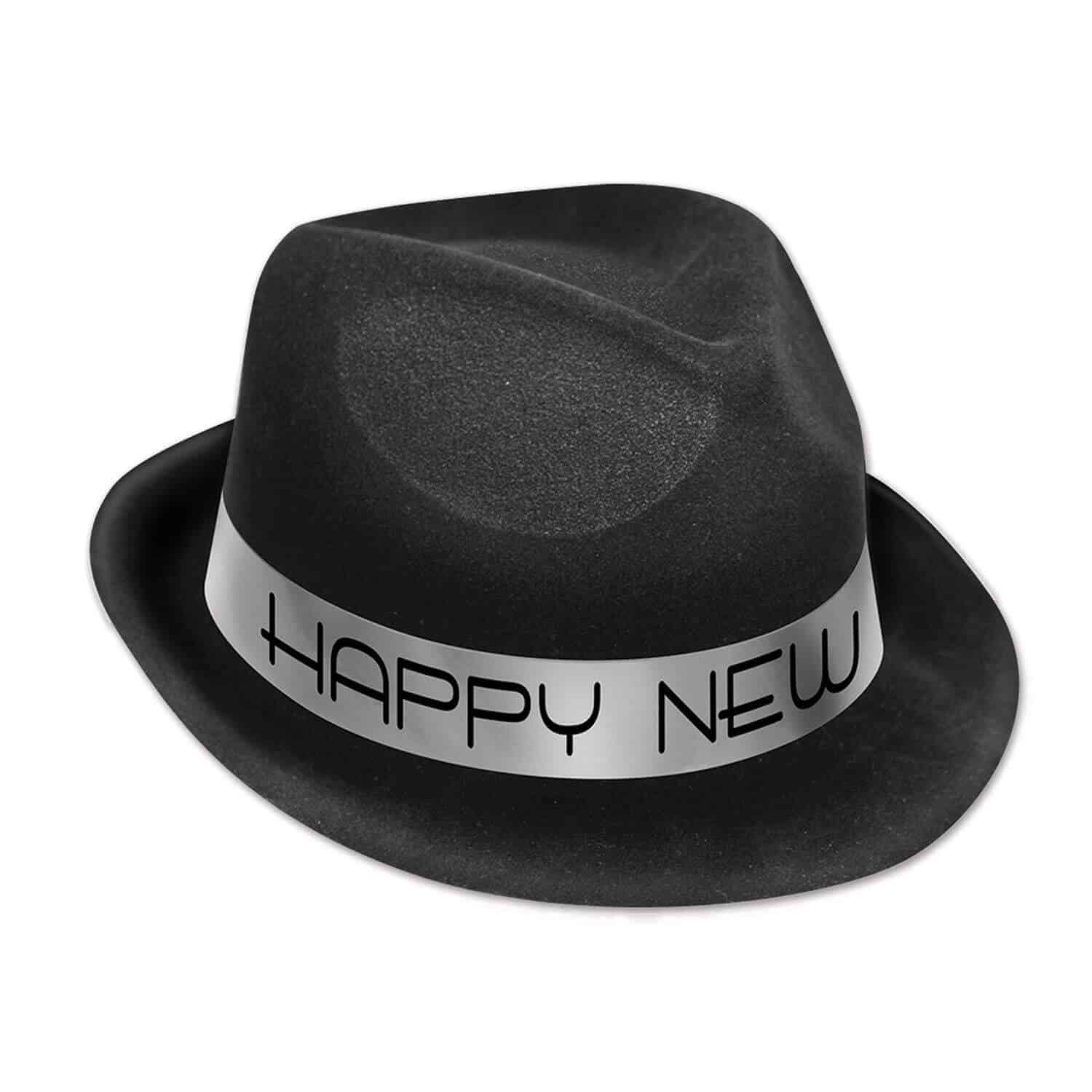 black velour happy new year 1920s party hat with a silver happy new year foil band