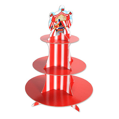 Circus Tent Cupcake Stand made of cardstock material including carnival stripes and a carnival tent at the top.