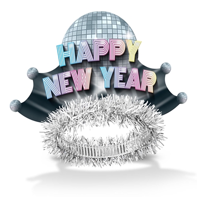 Happy New Year tiaras with a 1970's disco ball in the design
