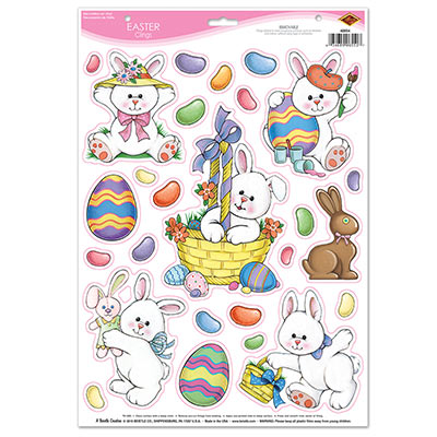 Plastic Easter clings with prints of bunnies, jelly beans, and Easter eggs.