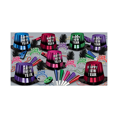 bright colored nye party kit for 50 with bright colored nye hats, tiaras, noisemakers, horns, and beads