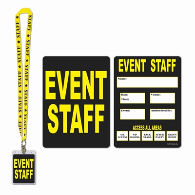 Black and yellow event staff identification card and lanyard. 