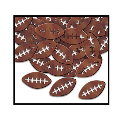 Metallic confetti shaped as footballs with  the threads cut out.