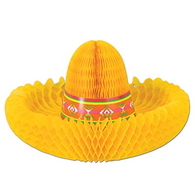 Fiesta Centerpiece made of tissue material and shaped to replicate a sombrero.