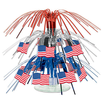 Flag Mini Cascade Centerpieces include red, silver and blue metallic strands with American flag icons attached.