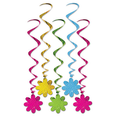 Assorted colored metallic whirls with flower icons attached.