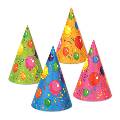 Assorted Fluorescent Cone Hats with Balloons and streamer decorations 