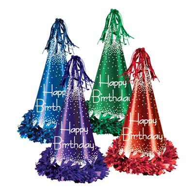 Assorted Colored Fringed Foil Happy Birthday Party Hats