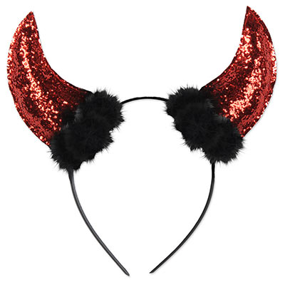 Black headband with glittered plush devil horns attached. 
