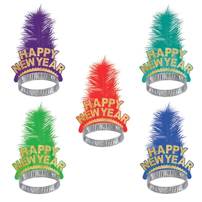 Colorful happy new year gold coast tiaras with matching plumed feathers. 