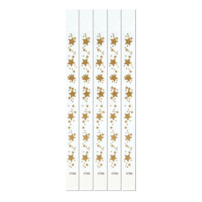 Tyvek wristbands with a white background and assorted sized gold stars.