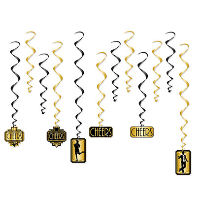 Black and gold metallic whirls with 20s themed icons attached.