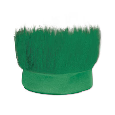 Green fabric headband with  hair like material standing straight up.