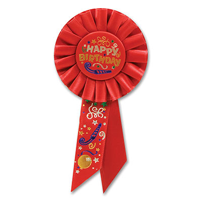 Happy Birthday Red Rosette with silver and gold metallic lettering and designs 