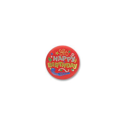 Happy Birthday Satin Red Button with gold and silver lettering and designs