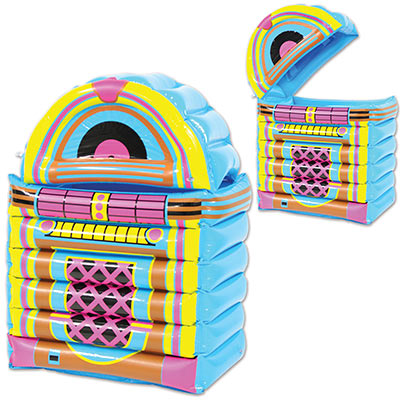 Inflatable Jukebox Cooler made of plastic material and printed with bright colors to replicate a jukebox.
