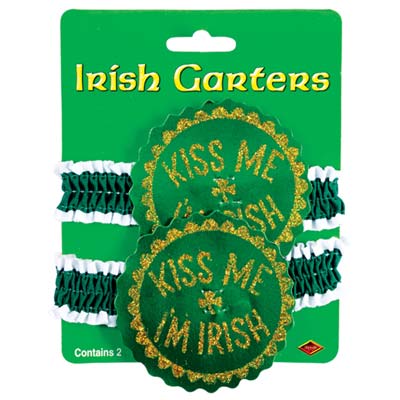 Green garters with white boarder and fabric medallion glittered saying of "Kiss Me I'm Irish".