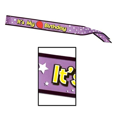 Purple edged in black with yellow lettering Its  My Birthday Satin Sash