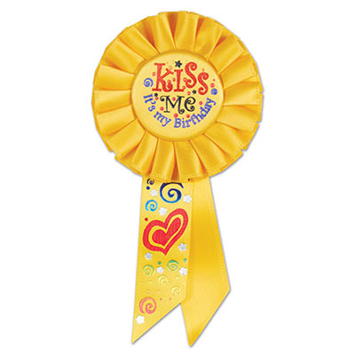 Kiss Me, Its My Birthday Yellow Rosette has multi colors of metallic lettering with heart/swirl designs